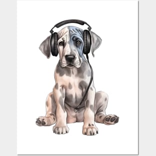 Watercolor Great Dane Dog with Headphones Posters and Art